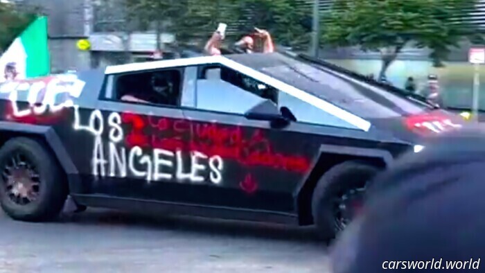 Protesters Set Fire to Robotaxis While Cybertruck Maneuvers Through LA Turmoil | Carscoops